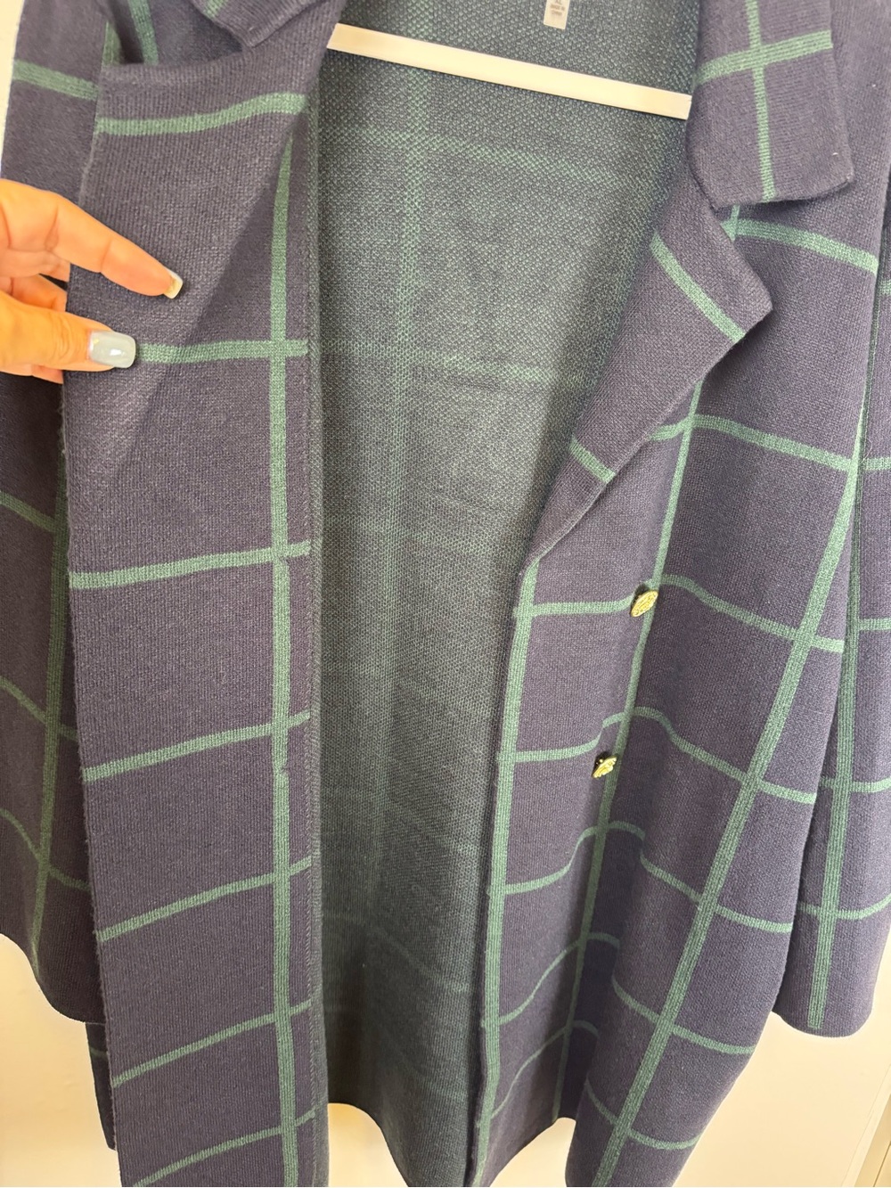 Anne Klein XL Navy Green Windowpane Sweater Blazer Gold Crest Buttons Equestrian - Picture 9 of 11